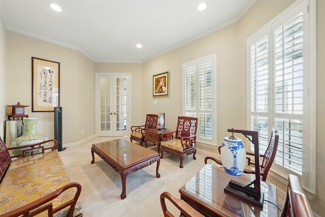 2915 Sentry Oak Way, Sugar Land, TX 77479 - sitting room with french doors, crown molding, recessed lighting, baseboards, and light carpet