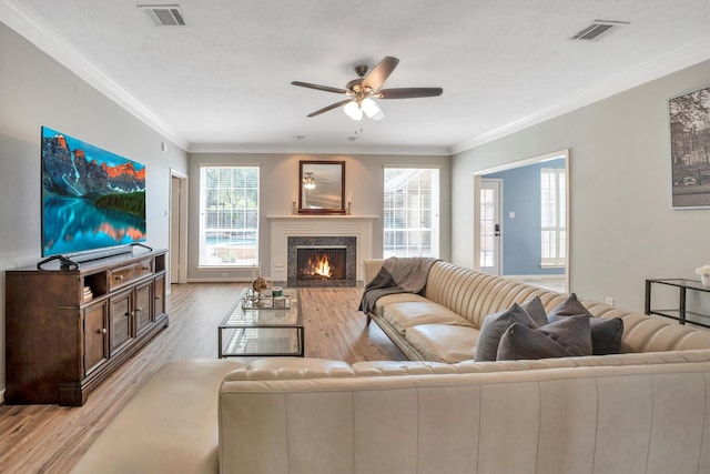 7318 Starbridge Dr, Houston, TX 77095 - living room with a fireplace, healthy amount of natural light, a ceiling fan, crown molding, and wood finished floors