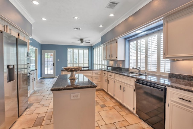 7318 Starbridge Dr, Houston, TX 77095 - kitchen with black dishwasher, stainless steel refrigerator with ice dispenser, a sink, a kitchen island, and ceiling fan