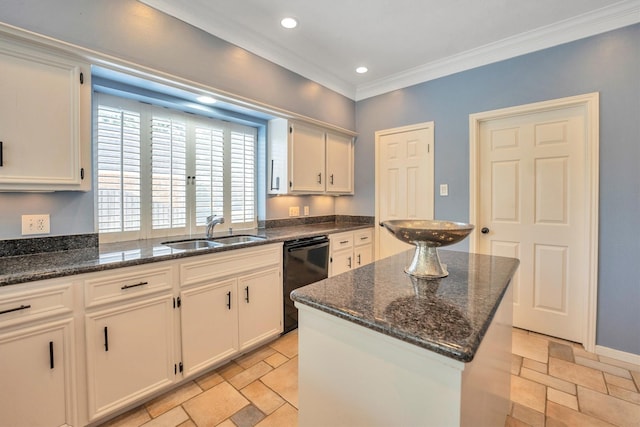 7318 Starbridge Dr, Houston, TX 77095 - kitchen with a sink, dishwasher, stone tile floors, crown molding, and a center island