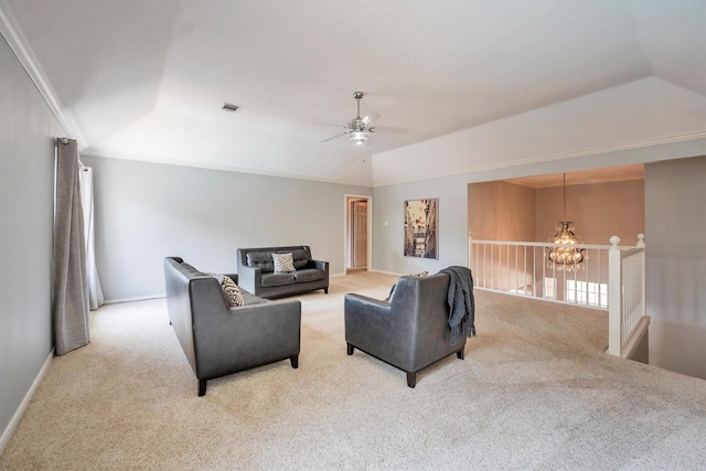 7318 Starbridge Dr, Houston, TX 77095 - carpeted living area featuring a chandelier, lofted ceiling, ceiling fan, and baseboards