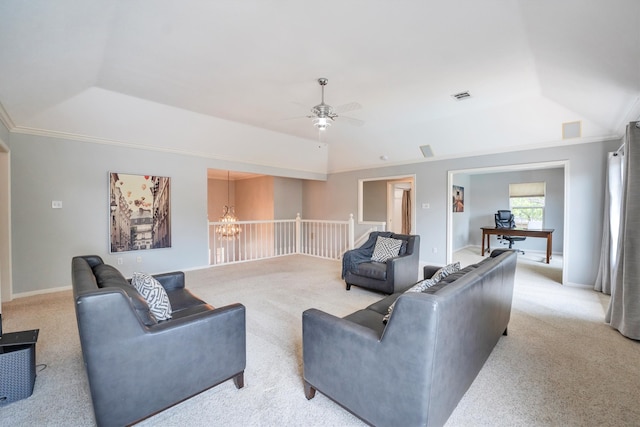 7318 Starbridge Dr, Houston, TX 77095 - living area featuring light carpet, ceiling fan, a chandelier, vaulted ceiling, and baseboards