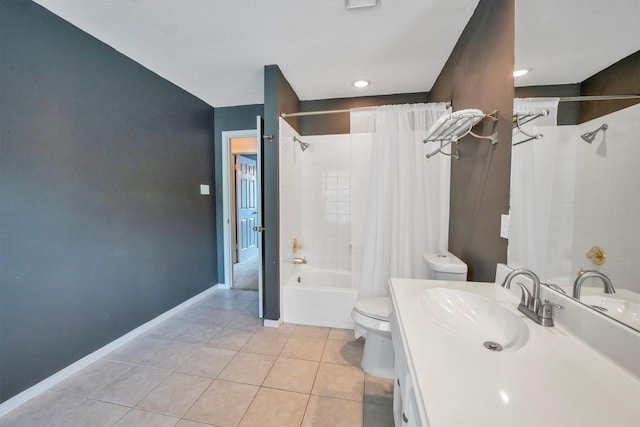 7318 Starbridge Dr, Houston, TX 77095 - bathroom with shower / bath combo with shower curtain, tile patterned flooring, toilet, vanity, and baseboards