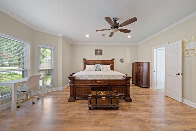489 Merrimac Park, Conroe, TX 77302 - bedroom with light wood-style flooring, ornamental molding, baseboards, recessed lighting, and ceiling fan