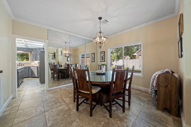 489 Merrimac Park, Conroe, TX 77302 - dining room with a chandelier, crown molding, baseboards, and light tile patterned flooring