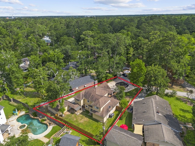 489 Merrimac Park, Conroe, TX 77302 - aerial overview of property's location featuring a forest, property parcel outlined, and a pool