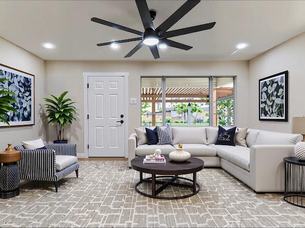 1848 Kipling St, Liberty, TX 77575 - living room featuring brick patterned flooring, ceiling fan, recessed lighting, and baseboards