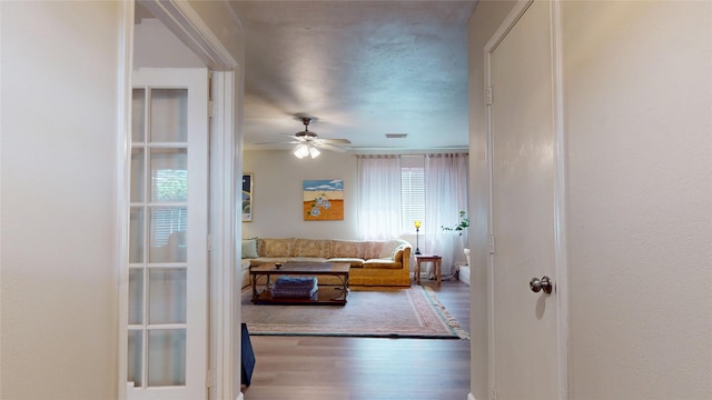 9723 Dalmally St, Spring, TX 77379 - living room with wood finished floors and ceiling fan