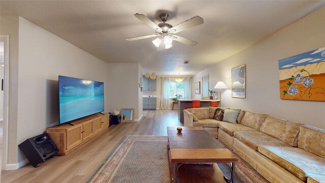 9723 Dalmally St, Spring, TX 77379 - living room with light wood-type flooring, ceiling fan, and baseboards