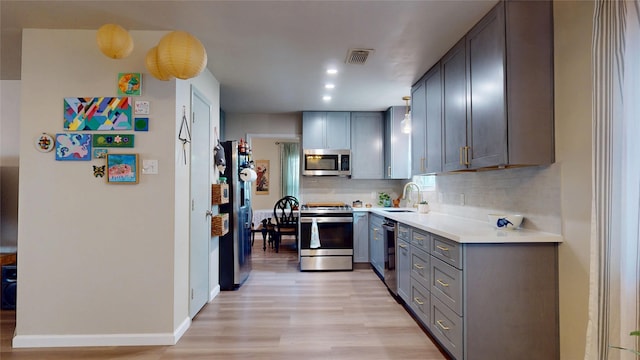 9723 Dalmally St, Spring, TX 77379 - kitchen with stainless steel appliances, light wood-style floors, backsplash, light countertops, and gray cabinetry