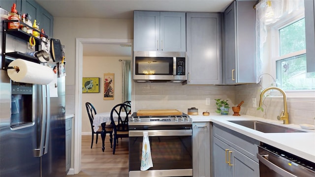 9723 Dalmally St, Spring, TX 77379 - kitchen with appliances with stainless steel finishes, a sink, gray cabinetry, light countertops, and decorative backsplash
