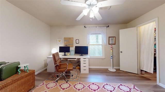 9723 Dalmally St, Spring, TX 77379 - office featuring wood finished floors, ceiling fan, and baseboards