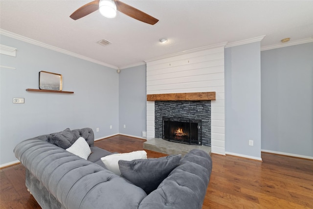 16919 Shady Square Ct, Houston, TX 77095 - living room featuring ornamental molding, a ceiling fan, baseboards, wood finished floors, and a fireplace