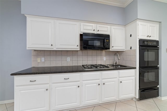 16919 Shady Square Ct, Houston, TX 77095 - kitchen with a sink, black appliances, ornamental molding, baseboards, and decorative backsplash