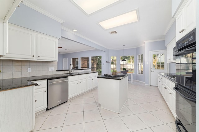 16919 Shady Square Ct, Houston, TX 77095 - kitchen featuring dishwasher, a peninsula, crown molding, white cabinetry, and decorative backsplash