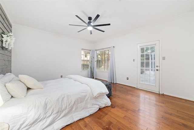 16919 Shady Square Ct, Houston, TX 77095 - bedroom featuring access to outside, wood finished floors, crown molding, baseboards, and ceiling fan