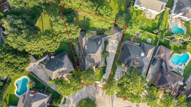 16919 Shady Square Ct, Houston, TX 77095 - aerial view of residential area with a pool area and property boundaries highlighted