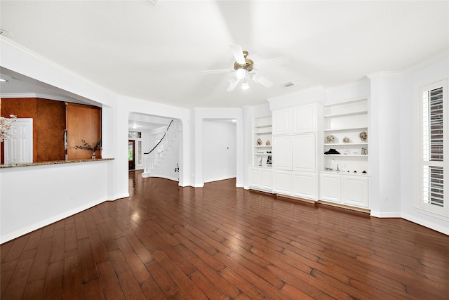 1930 Hollys Way, Sugar Land, TX 77479 - unfurnished living room with ceiling fan, dark wood finished floors, baseboards, stairs, and ornamental molding