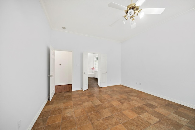 1930 Hollys Way, Sugar Land, TX 77479 - unfurnished bedroom featuring stone finish flooring, crown molding, baseboards, and ceiling fan