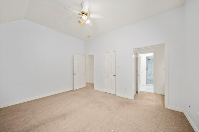 1930 Hollys Way, Sugar Land, TX 77479 - unfurnished bedroom with light carpet, lofted ceiling, baseboards, and a ceiling fan