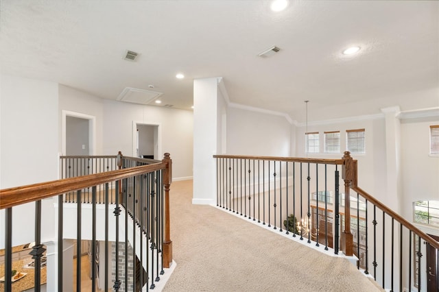 17311 Morgans Lake Dr, Cypress, TX 77433 - corridor featuring attic access, carpet flooring, recessed lighting, baseboards, and an upstairs landing