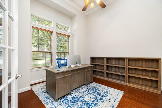 17311 Morgans Lake Dr, Cypress, TX 77433 - office area featuring ornamental molding, ceiling fan, wood-type flooring, and baseboards