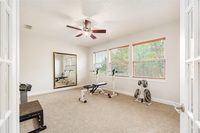 17311 Morgans Lake Dr, Cypress, TX 77433 - workout area featuring ceiling fan, carpet, and baseboards