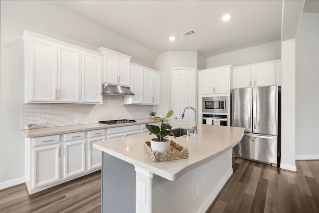 27130 Spanish Wind Ct, Magnolia, TX 77354 - kitchen with appliances with stainless steel finishes, dark wood-style flooring, under cabinet range hood, white cabinets, and recessed lighting