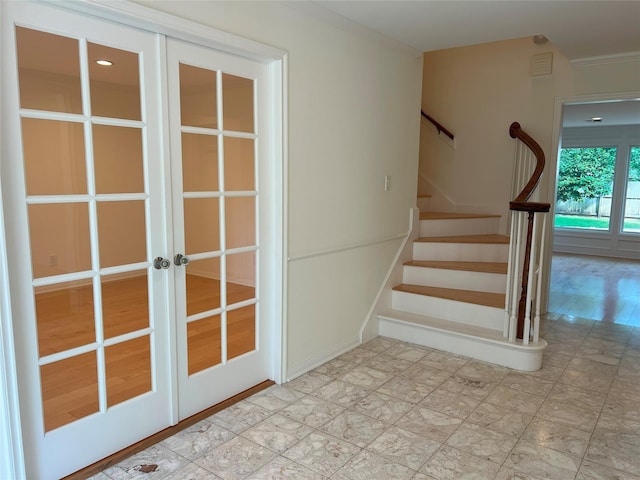 13631 Balmore Cir, Houston, TX 77069 - staircase with french doors and ornamental molding