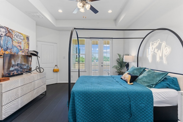 1304 Veranda Mist, League City, TX 77573 - bedroom with access to exterior, wood finished floors, a raised ceiling, ceiling fan, and baseboards