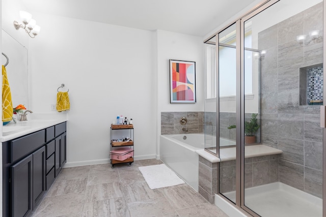 1304 Veranda Mist, League City, TX 77573 - full bathroom with a bath, a stall shower, double vanity, and baseboards