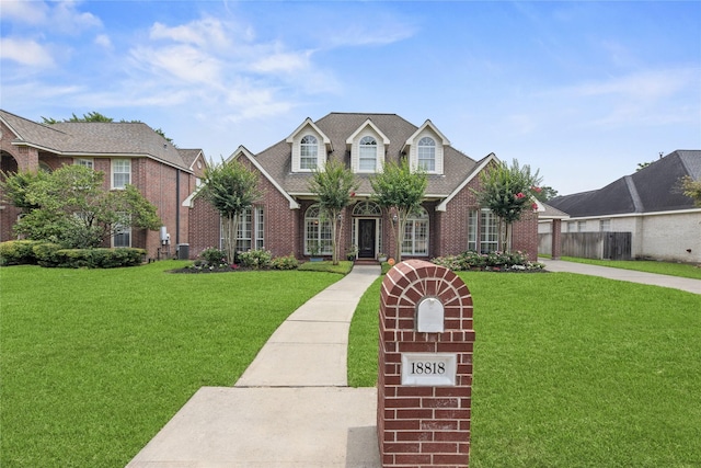 18818 Cypress Chateau Dr, Spring, TX 77388 - view of front of home featuring brick siding, a front lawn, and cooling unit