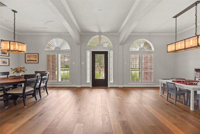 18818 Cypress Chateau Dr, Spring, TX 77388 - entryway featuring wood-type flooring, a chandelier, ornamental molding, and baseboards