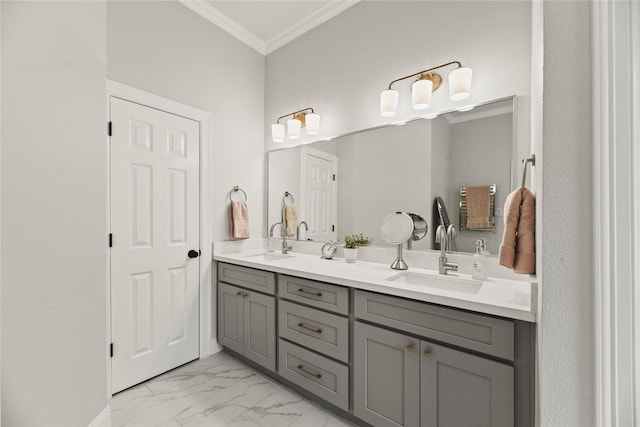 18818 Cypress Chateau Dr, Spring, TX 77388 - bathroom featuring crown molding, double vanity, and marble finish flooring