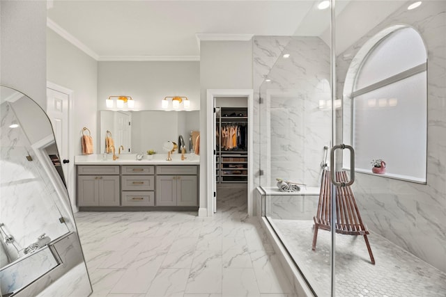 18818 Cypress Chateau Dr, Spring, TX 77388 - bathroom with marble finish flooring, a marble finish shower, crown molding, double vanity, and a walk in closet
