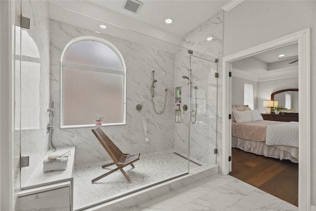 18818 Cypress Chateau Dr, Spring, TX 77388 - full bathroom with a marble finish shower, marble finish flooring, ensuite bathroom, recessed lighting, and crown molding
