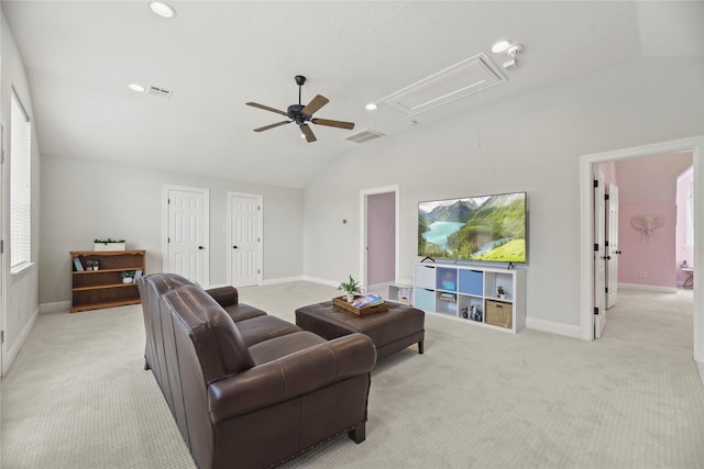 18818 Cypress Chateau Dr, Spring, TX 77388 - living room featuring attic access, vaulted ceiling, ceiling fan, light colored carpet, and baseboards