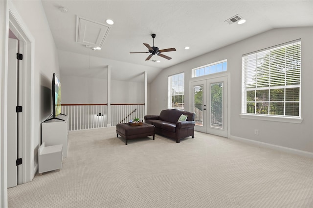18818 Cypress Chateau Dr, Spring, TX 77388 - sitting room with attic access, lofted ceiling, light carpet, a ceiling fan, and baseboards