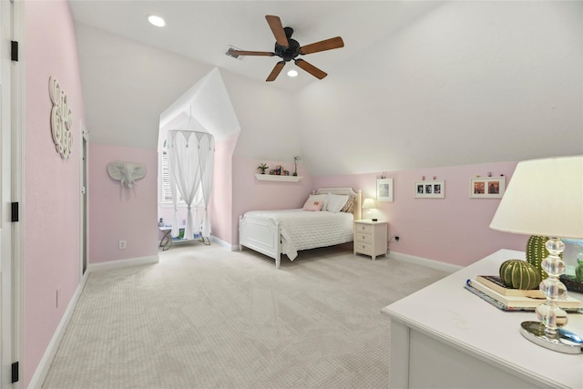 18818 Cypress Chateau Dr, Spring, TX 77388 - bedroom featuring baseboards, light colored carpet, vaulted ceiling, ceiling fan, and recessed lighting