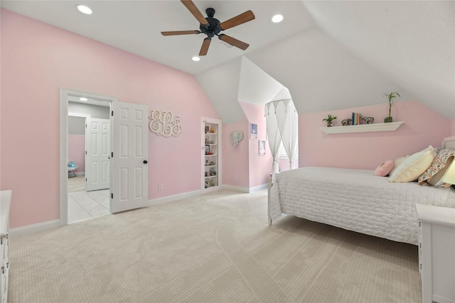 18818 Cypress Chateau Dr, Spring, TX 77388 - bedroom featuring light colored carpet, vaulted ceiling, recessed lighting, baseboards, and a ceiling fan