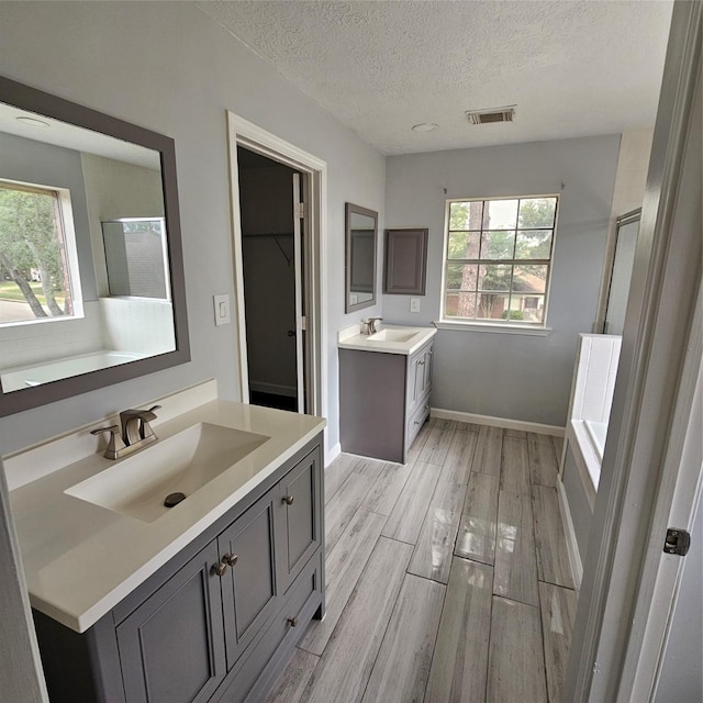 6118 Deep S Dr, Katy, TX 77449 - full bath featuring two vanities, a textured ceiling, wood finished floors, a bath, and a shower with shower door