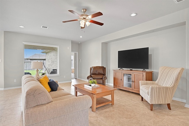 2708 Merlin Ln, Pearland, TX 77581 - living room featuring ceiling fan, recessed lighting, light tile patterned flooring, and baseboards