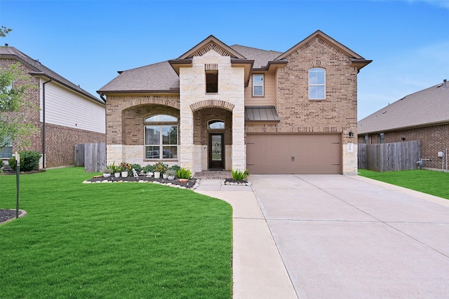 2708 Merlin Ln, Pearland, TX 77581 - french provincial home featuring stone siding, an attached garage, brick siding, driveway, and roof with shingles