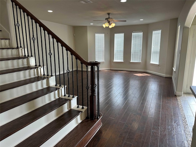 24811 Deep Coral Ct, Katy, TX 77494 - stairs with hardwood / wood-style floors, baseboards, ceiling fan, and recessed lighting