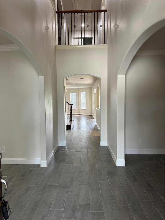 24811 Deep Coral Ct, Katy, TX 77494 - foyer entrance with ornamental molding, arched walkways, baseboards, a high ceiling, and wood finished floors
