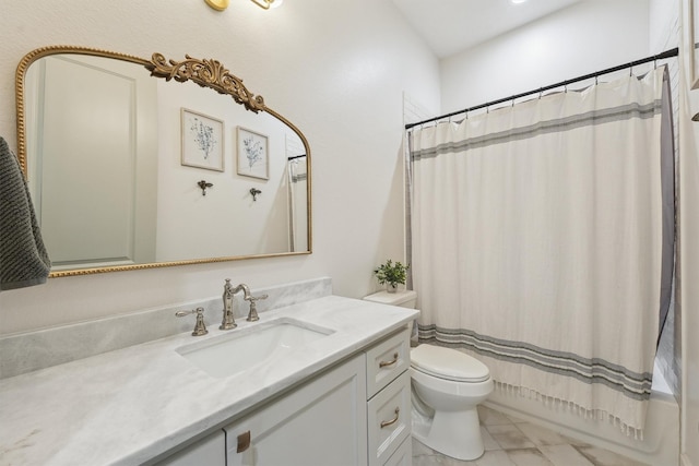 9343 Kai Dr, Beach City, TX 77523 - bathroom featuring vanity, toilet, and shower / bathtub combination with curtain