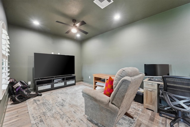 9343 Kai Dr, Beach City, TX 77523 - home office featuring ceiling fan, light wood-type flooring, recessed lighting, and baseboards