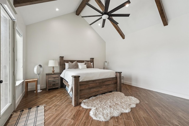 9343 Kai Dr, Beach City, TX 77523 - bedroom featuring beamed ceiling, wood finished floors, baseboards, recessed lighting, and high vaulted ceiling