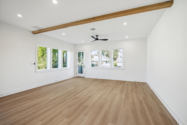 1201 E 27th St, Houston, TX 77009 - unfurnished living room featuring beamed ceiling, light wood finished floors, recessed lighting, a ceiling fan, and baseboards
