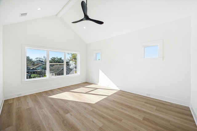 1201 E 27th St, Houston, TX 77009 - spare room featuring beam ceiling, healthy amount of natural light, wood finished floors, a ceiling fan, and high vaulted ceiling